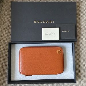 Bvlgari Purse Large Leather Compact Wallet Tan Brown Bulgari in box